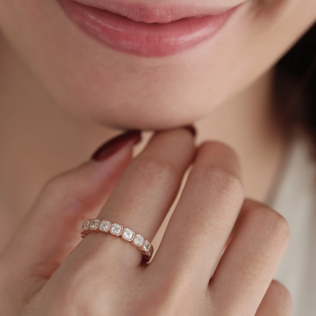 18K Yellow Gold Asscher Cut Lab Diamond Millegrain Bezel Eternity Ring - MMR