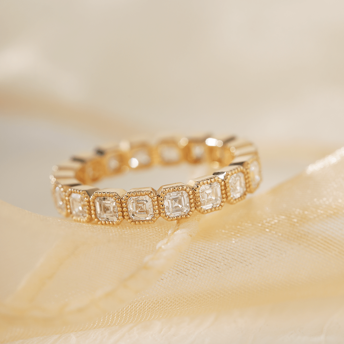 18K Yellow Gold Asscher Cut Lab Diamond Millegrain Bezel Eternity Ring - MMR