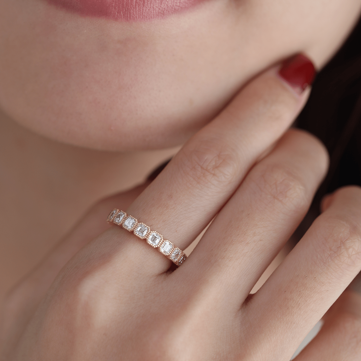 18K Yellow Gold Asscher Cut Lab Diamond Millegrain Bezel Eternity Ring - MMR