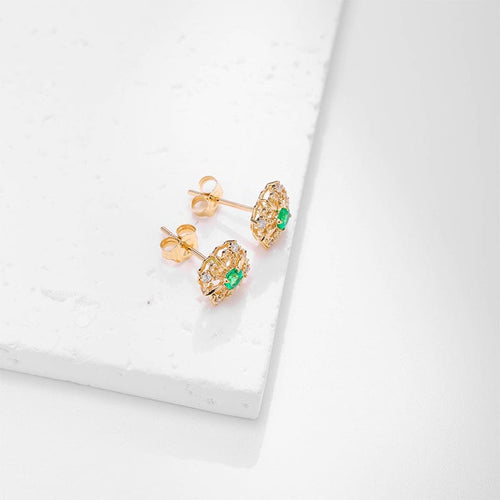 18k Yellow Gold Emerald & Diamond Flower Earrings