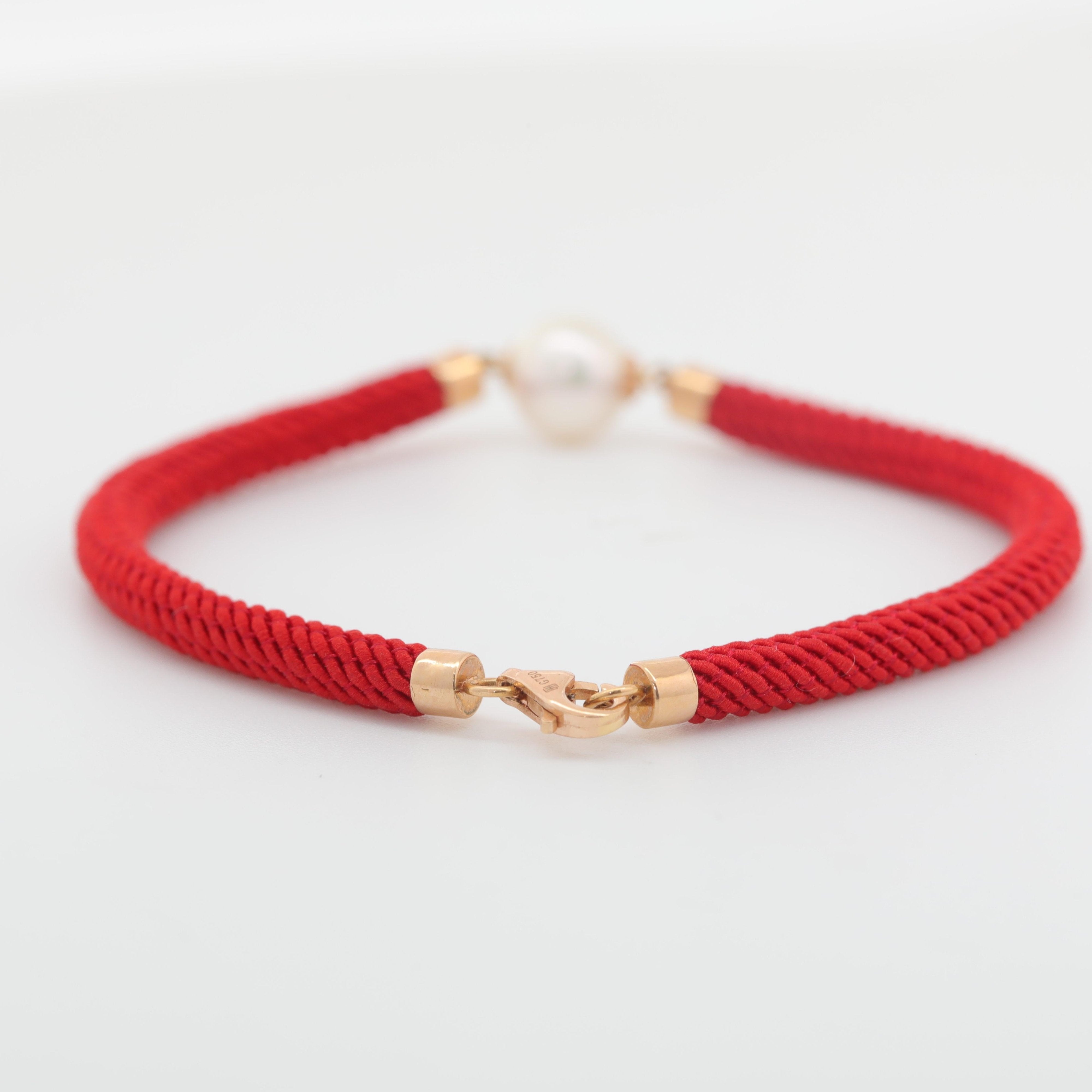 18K Yellow Gold Freshwater Pearl Red String Bracelet - MMR
