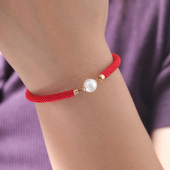 18K Yellow Gold Freshwater Pearl Red String Bracelet - MMR
