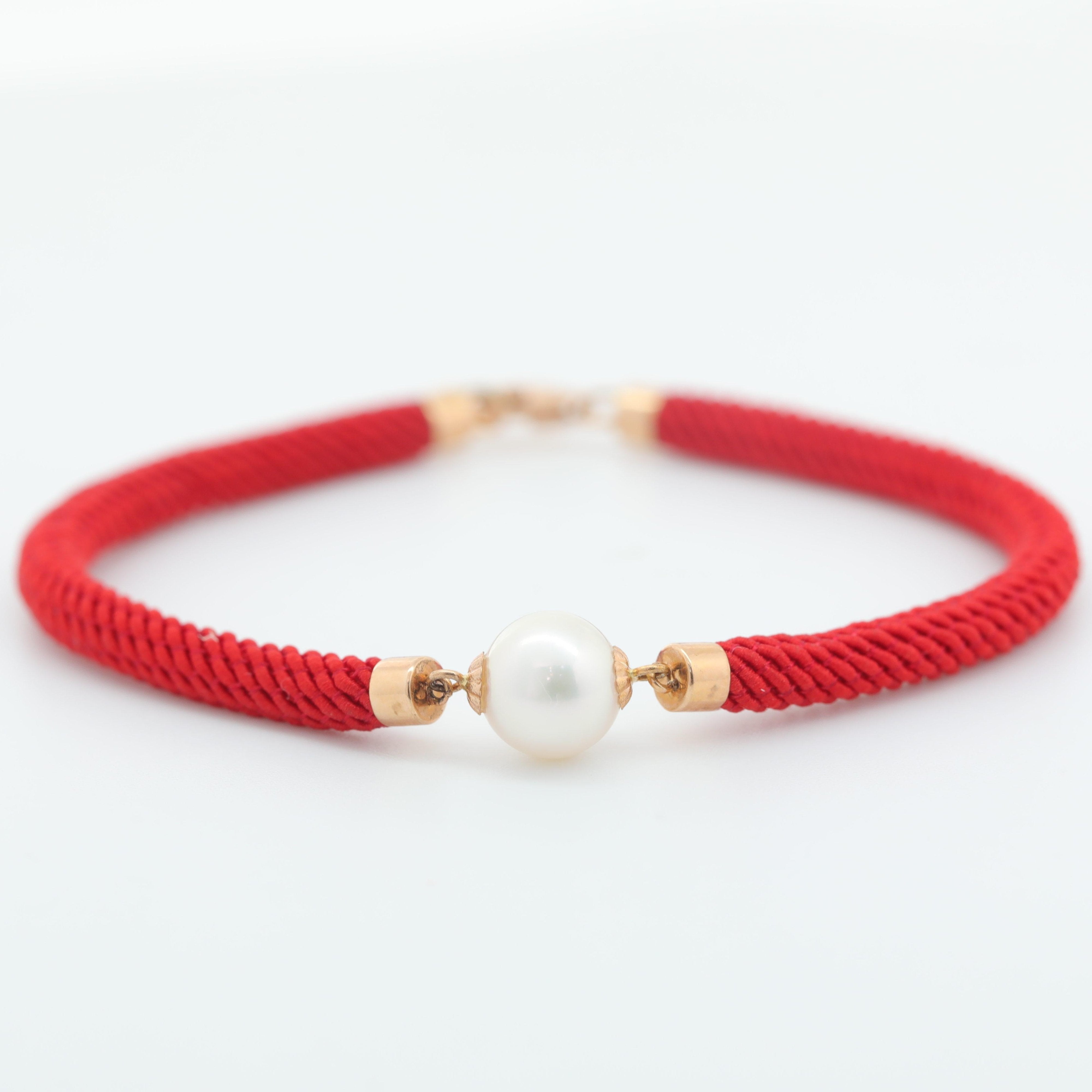 18K Yellow Gold Freshwater Pearl Red String Bracelet - MMR