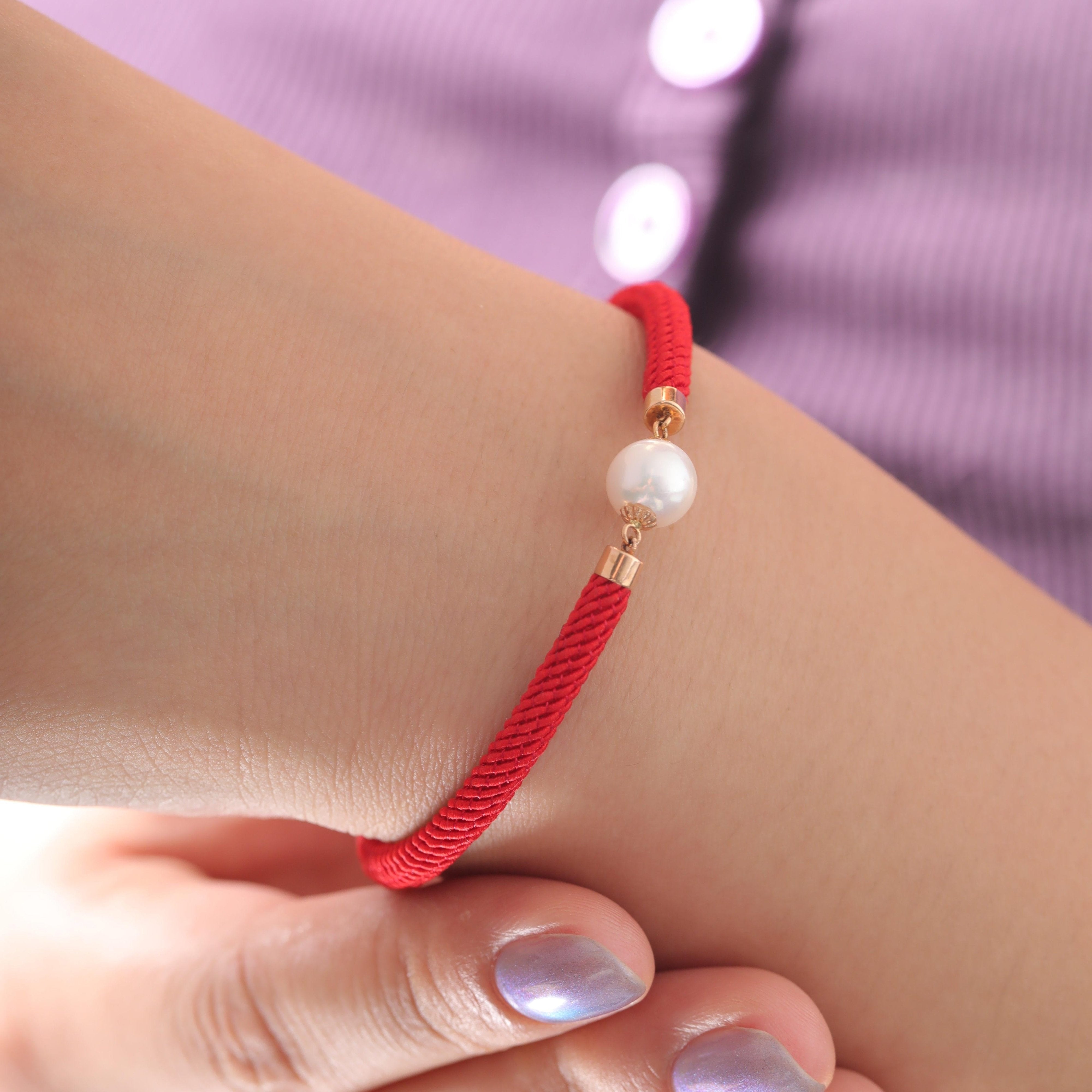 18K Yellow Gold Freshwater Pearl Red String Bracelet - MMR
