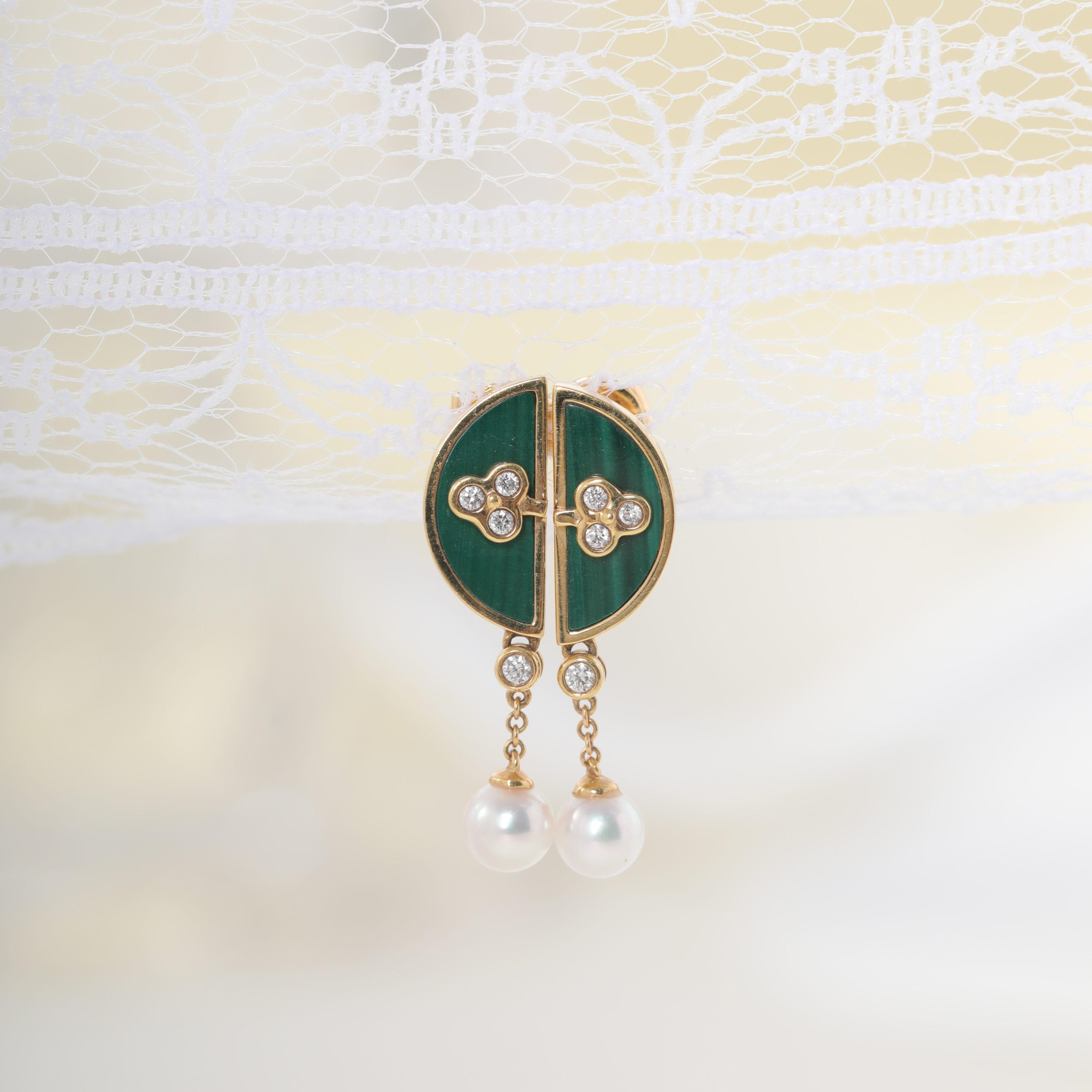 18K Yellow Gold Malachite and Freshwater Pearl Drop Earrings - MMR