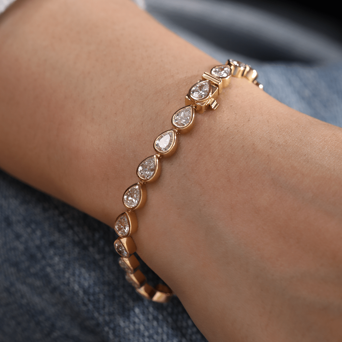 18K Yellow Gold Pear Shape Lab Diamond Bezel Tennis Bracelet - MMR