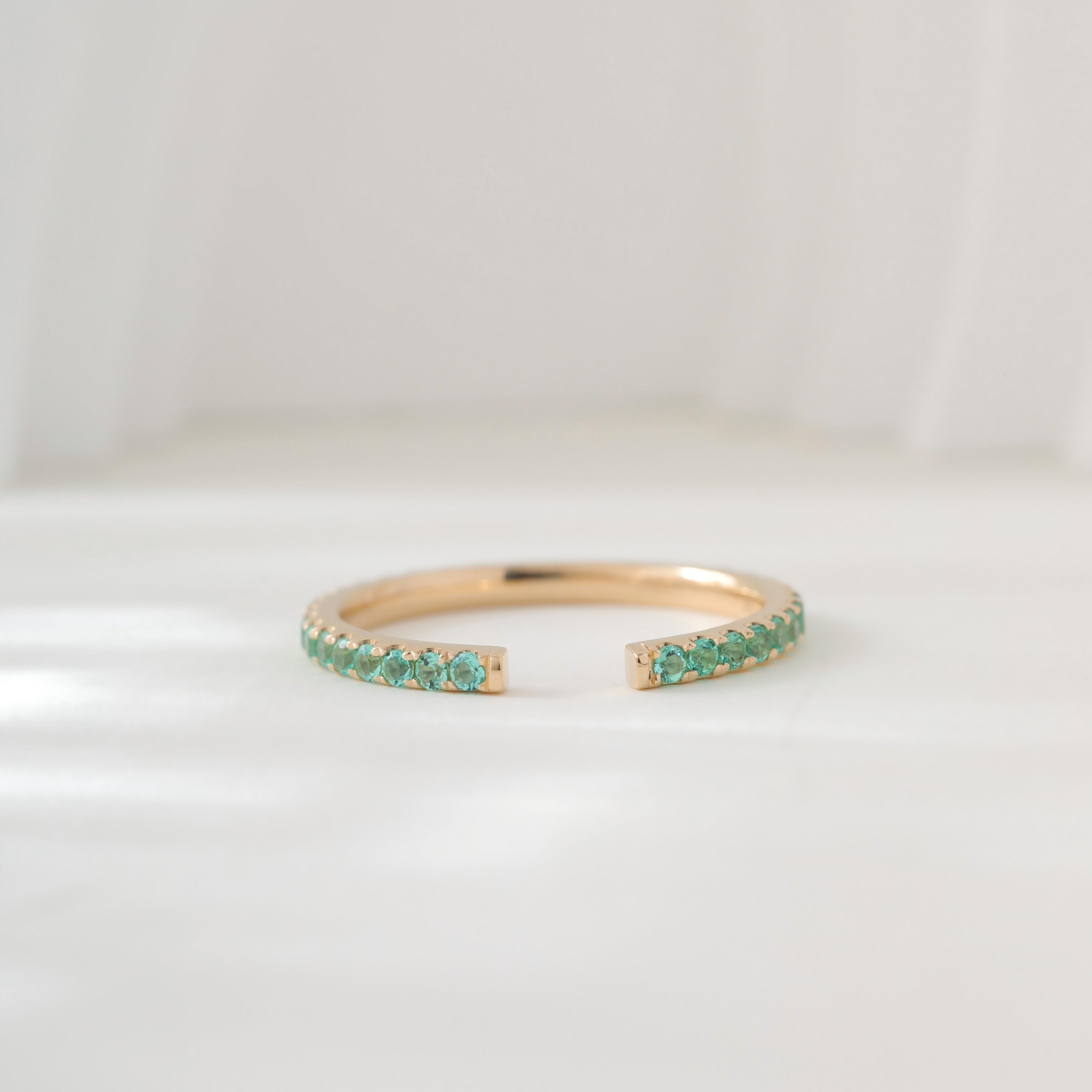 18K Yellow Gold Round Lab Colombian Emerald Pave Open Ring - MMR