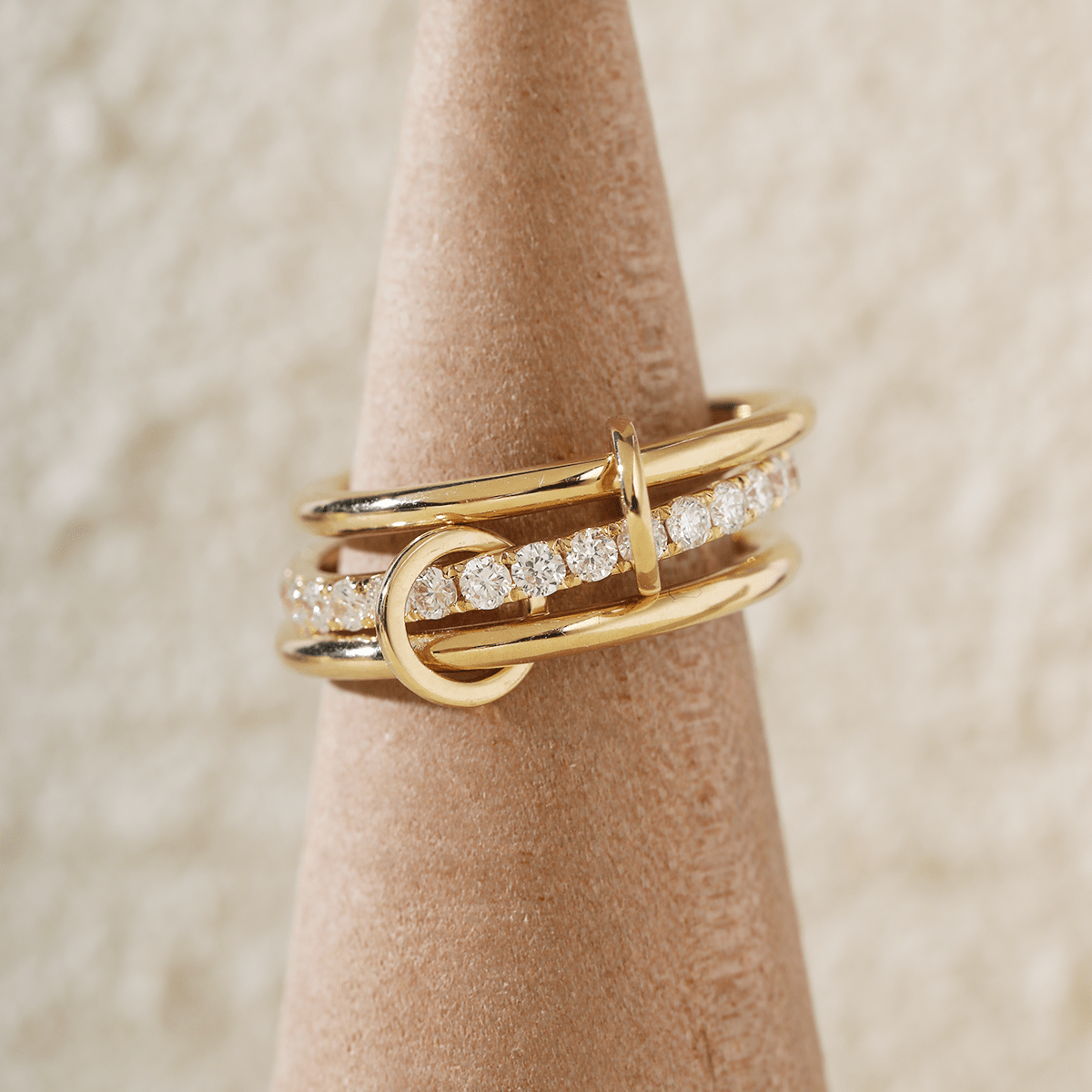 18K Yellow Gold Triple Link Stacking Ring with Round Lab Diamond Pave - MMR