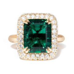 14K Yellow Gold 3.5ct Lab Zambian Emerald Double Claw Prongs Ring with Round Lab Diamond Halo