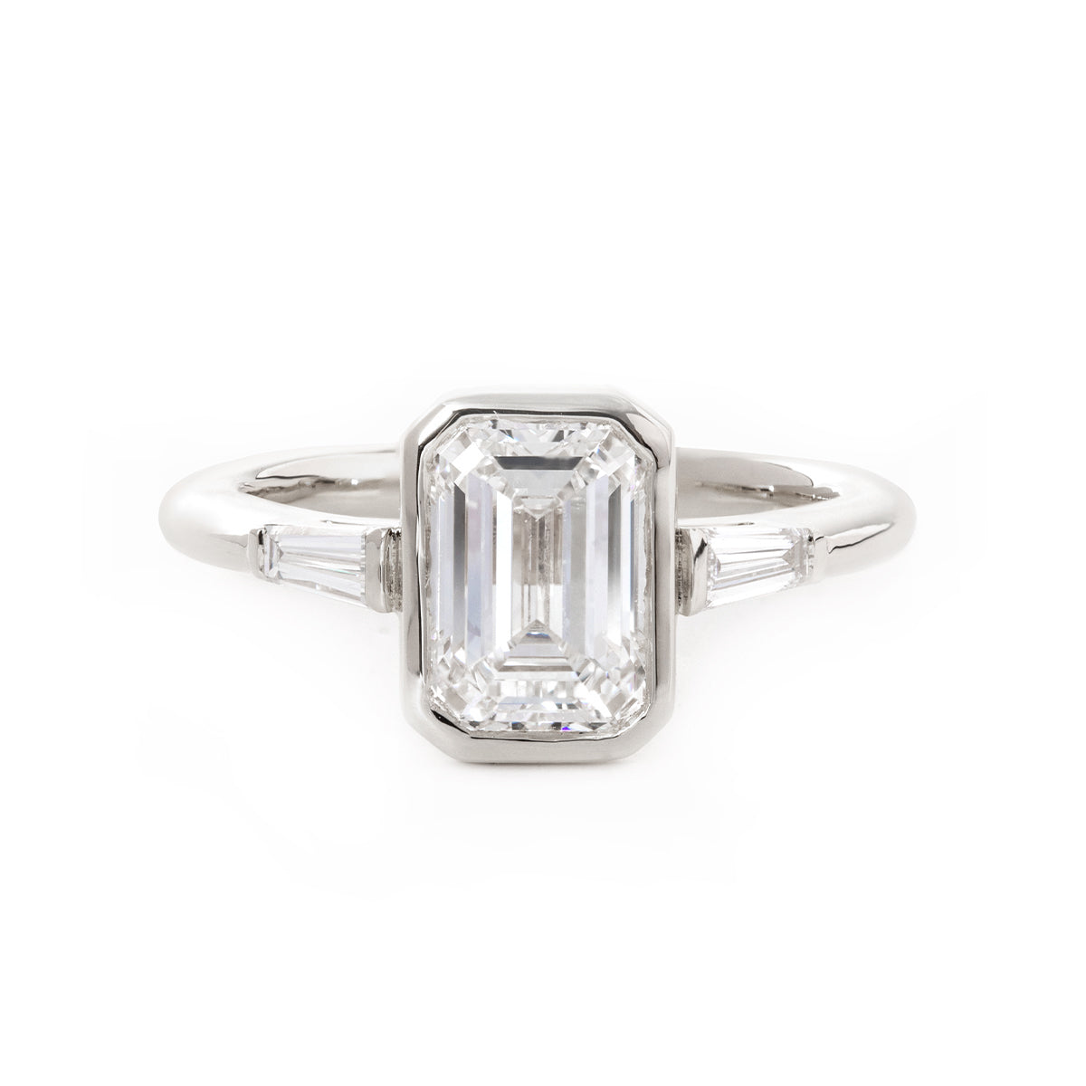 Cherished Moments 14K Yellow Gold 1.5ct Emerald Cut Lab Diamond Elongated Trapezoid Cut Three-stone Bezel Engagement Ring Platinum