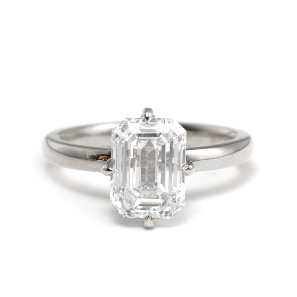 14K Yellow Gold 2 Carat Solitaire Diamond Ring with Emerald Cut Lab Diamond and Floral Prong Setting Platinum