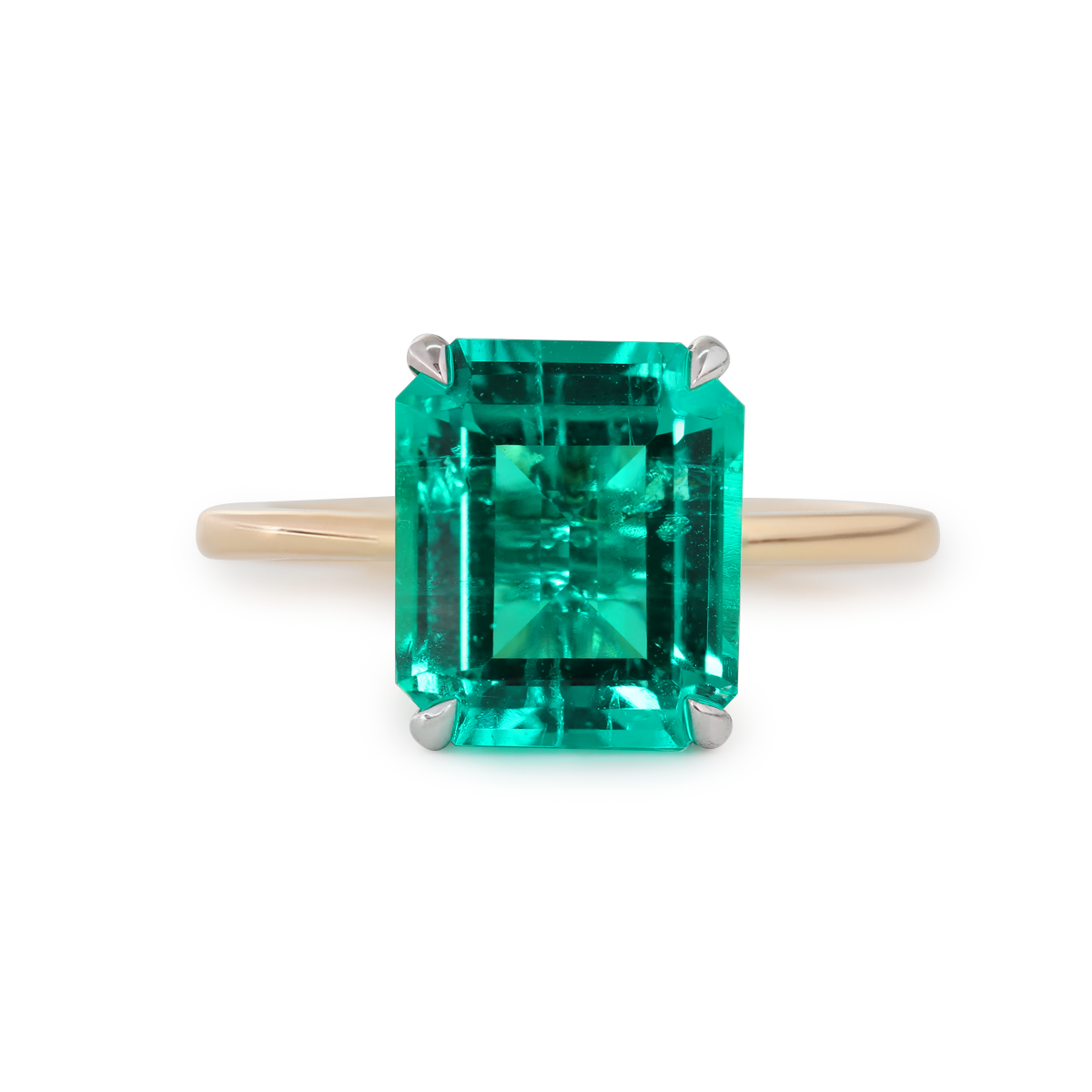 14K Yellow & White Gold 3ct Zambian Lab Emerald 4 Claw Prongs Hidden Halo Engagement Ring
