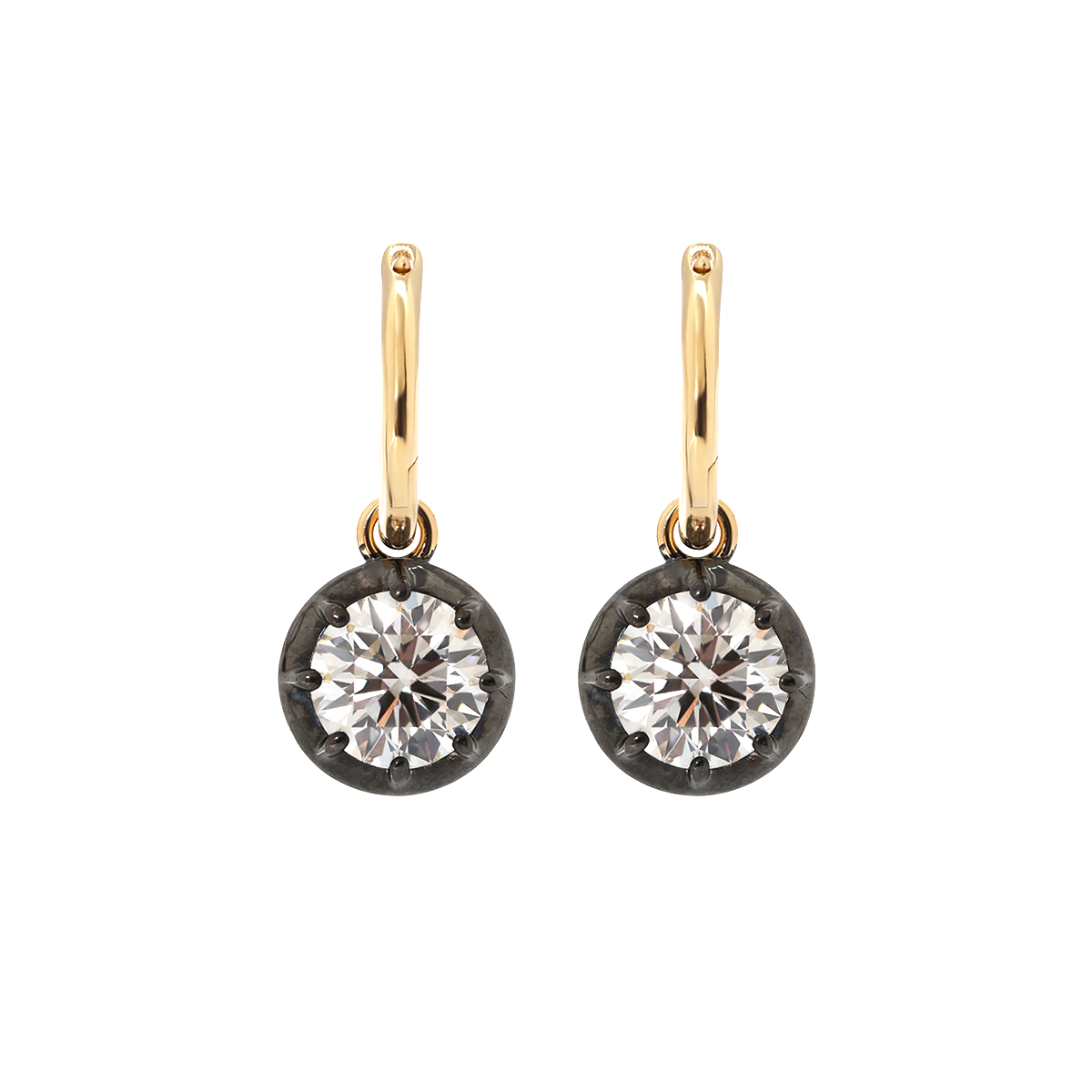 18K Yellow and White Gold with Black Rhodium Plated 2 ct tw Round Cut Diamond Bezel Hoop Earrings