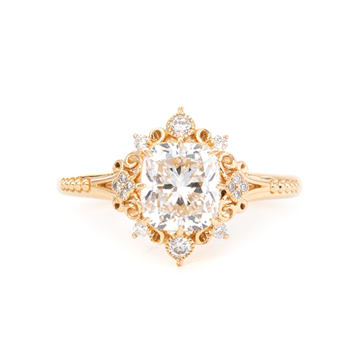 14K Yellow Gold 2.5ct Elongated Cushion Cut Lab Diamond Victoran-Style Ring with Floral Motifs