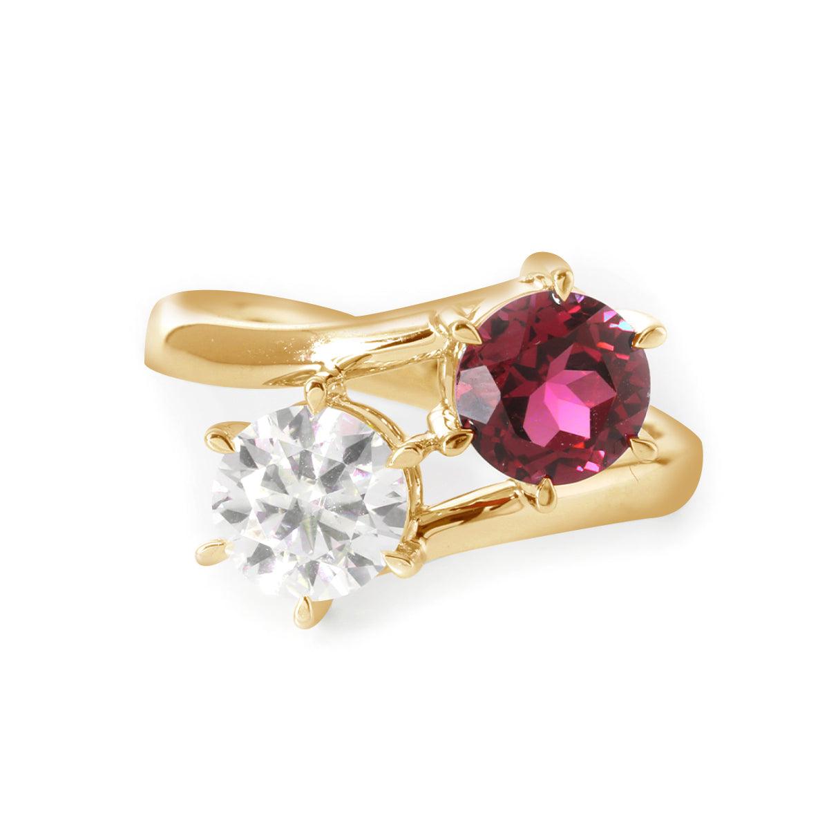 18K White Gold Round Cut Lab Diamond & Lab Ruby Toi et Moi Ring 14K Yellow Gold