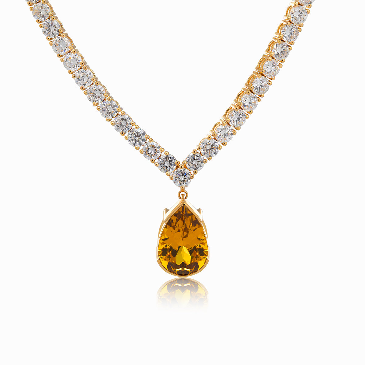 18K Yellow Gold 32.5 ct tw 4mm Tennis Necklace with A Pear Brazilian Natural Citrine