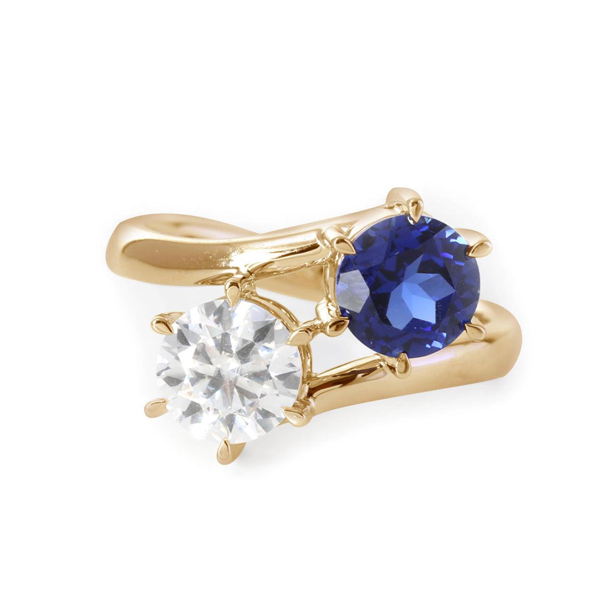 14K White Gold Round Cut Lab Diamond & Lab Sapphire Toi et Moi Ring 14K Yellow Gold
