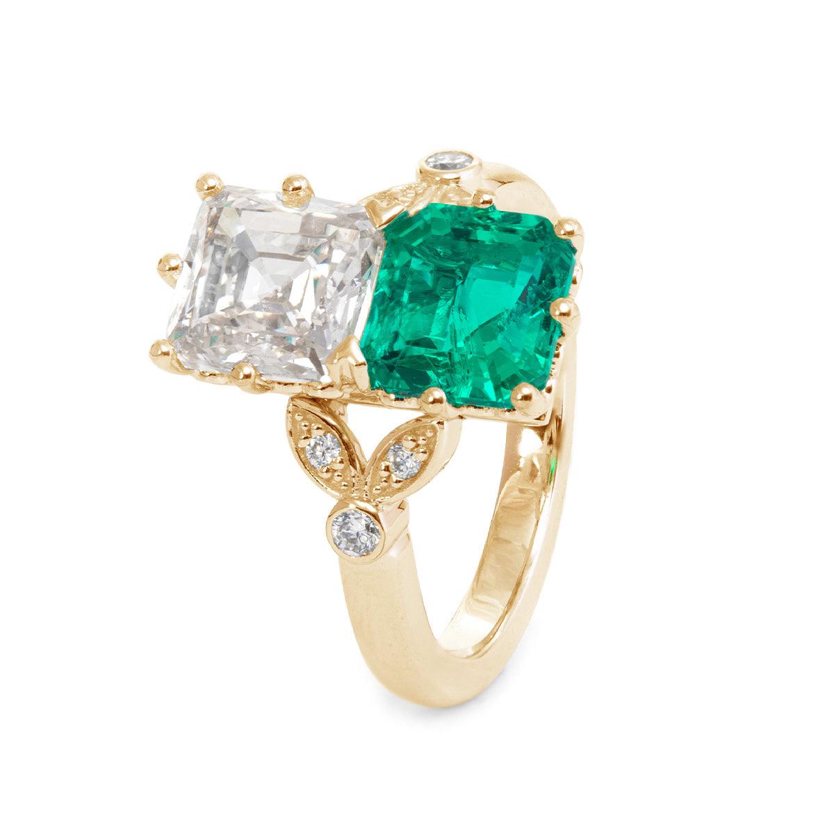 18K White Gold Asscher Cut Lab Emerald & Lab Diamond Toi et Moi Side-stone Cocktail Ring 14K Yellow Gold