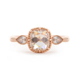 14K Rose Gold 1.5ct Cushion Rose Cut Lab Diamond Millegrain Bezel Three-stone Ring with Pear Shaped Side-stone Design