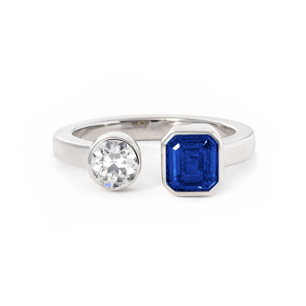 14K Rose Gold Emerald Cut Lab Sapphire and Old European Cut Lab Diamond Toi et Moi Ring Platinum