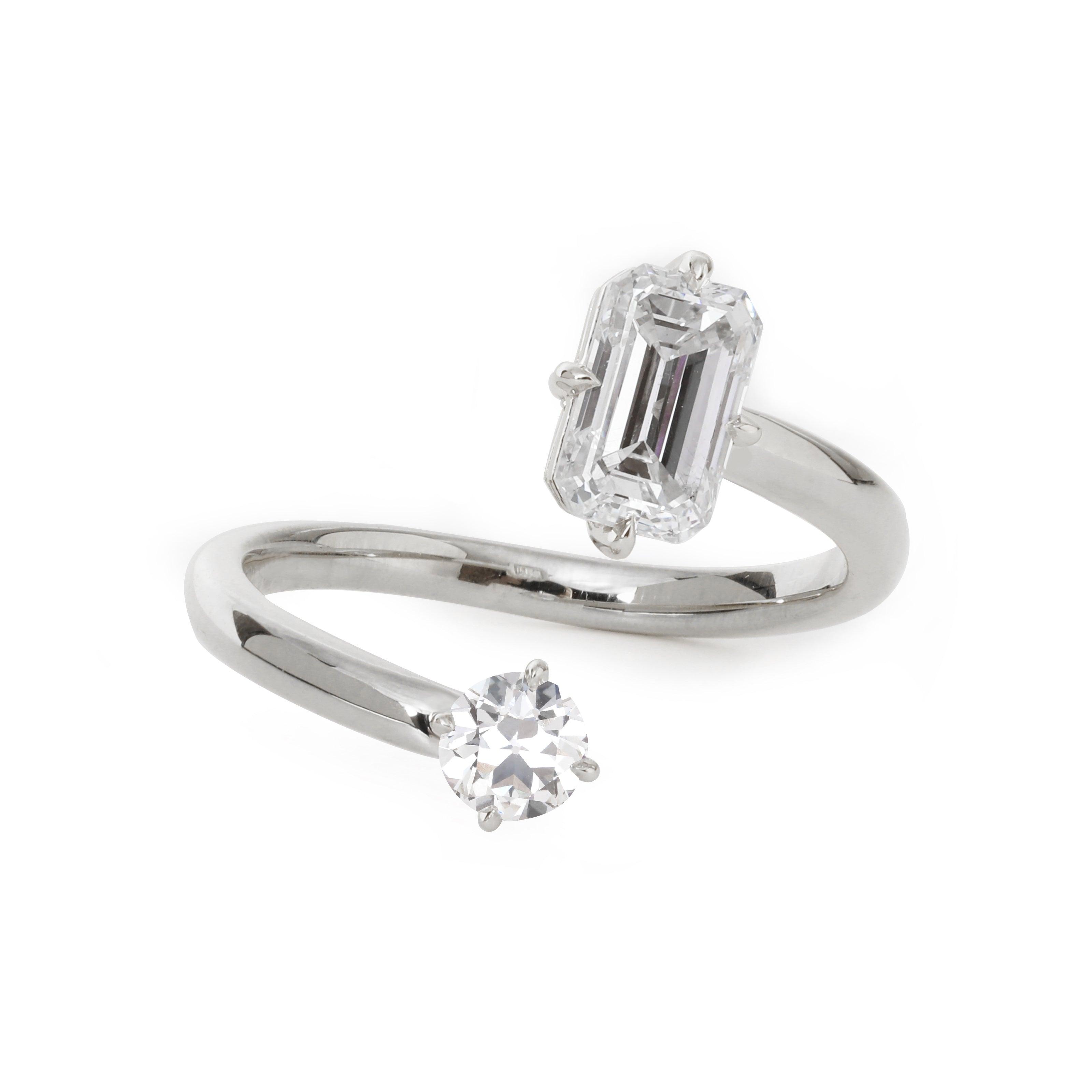 14K Yellow Gold Old European Cut & Emerald Cut Lab Diamond Toi et Moi Ring Platinum