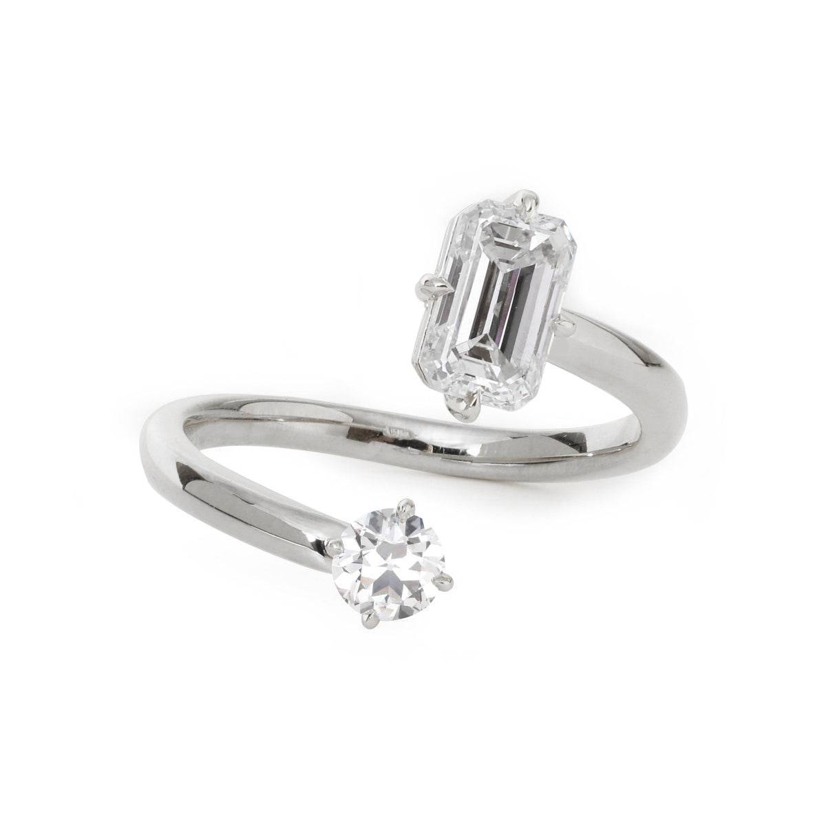 14K Yellow Gold Old European Cut & Emerald Cut Lab Diamond Toi et Moi Ring Platinum