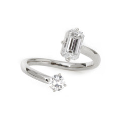 14K Yellow Gold Old European Cut & Emerald Cut Lab Diamond Toi et Moi Ring Platinum