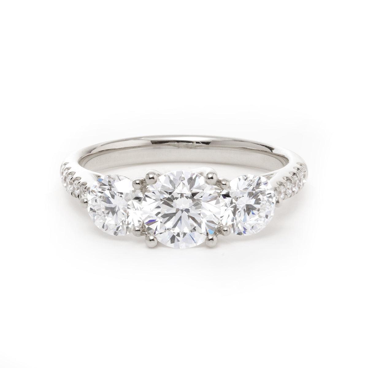 14K Yellow Gold Round Brilliant Cut Lab Diamond Pave Three Stone Ring Platinum