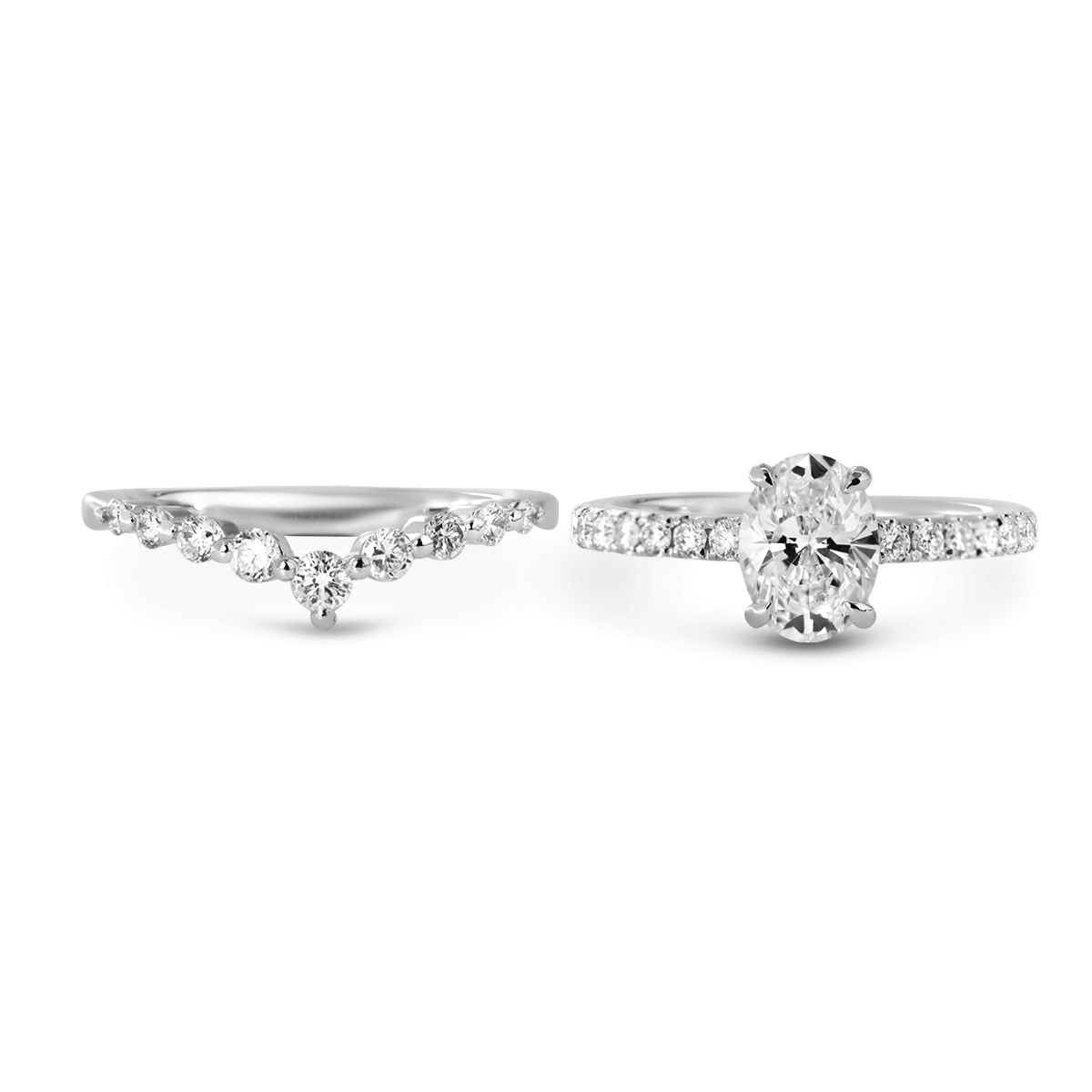 Platinum 1ct Oval Cut Lab Diamond 4 Claw Prong Basket Setting Round Lab Diamond Pave Ring with A 7-stone Round Lab Diamond V-Shaped Ring Enhancer - Bridal Ring Set Design