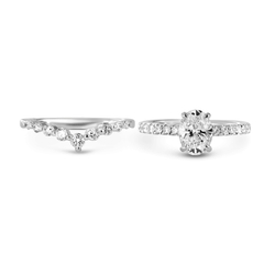 1 CT Oval Cut Lab Diamond 4-Claw Basket Engagement Ring with Round Lab Diamond Pavé and 7-Stone V-Shaped Ring Enhancer — Bridal Ring Set