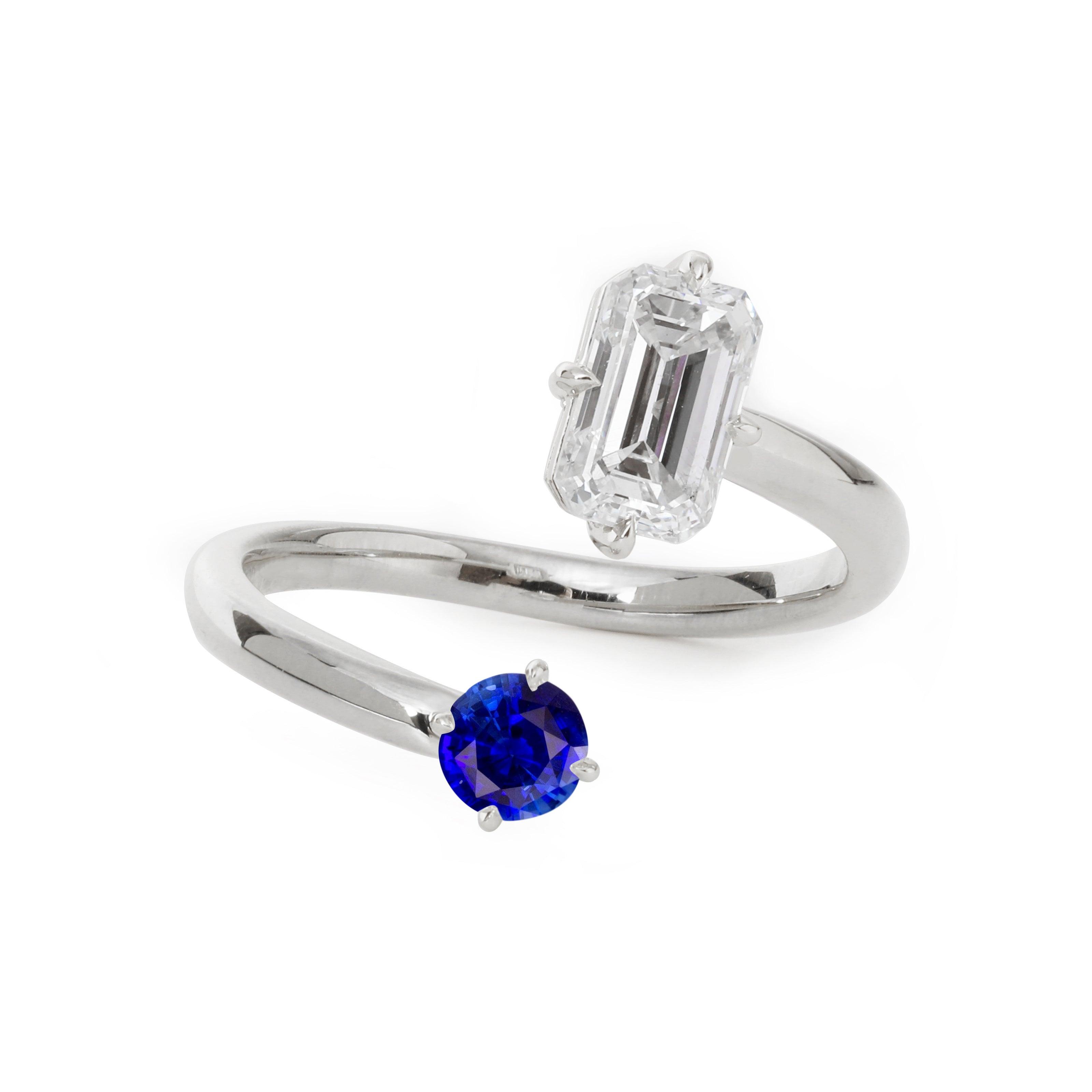 14K Yellow Gold Emerald Cut Lab Diamond & Round Lab Sapphire Toi et Moi Ring Platinum