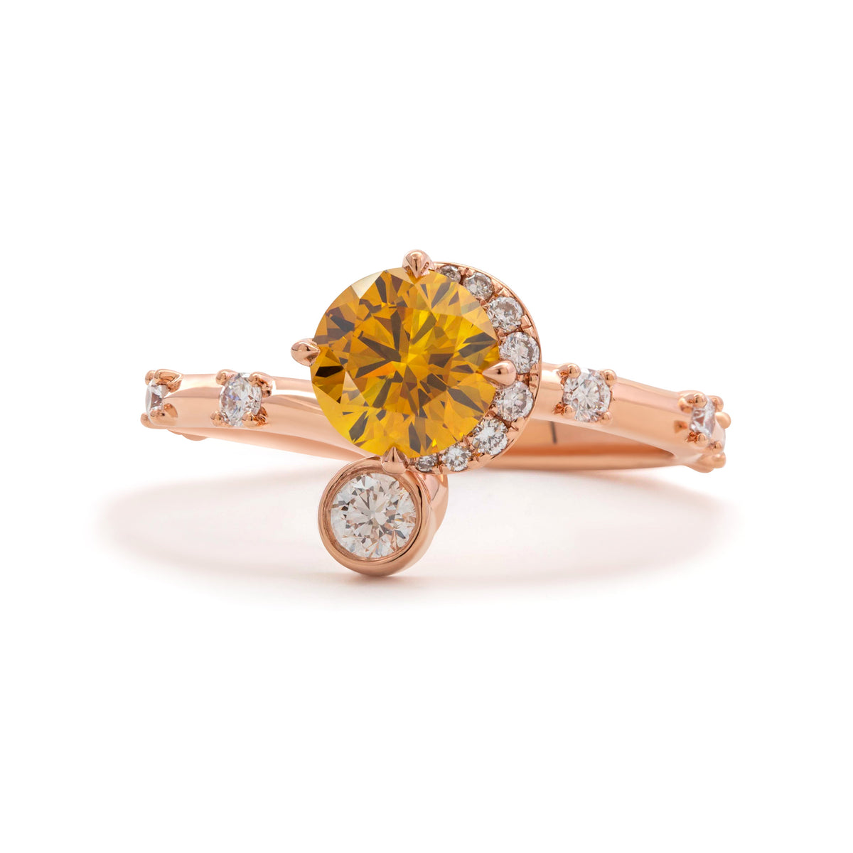 14K Rose Gold 1ct Yellow Round Lab Diamond Celestial-inspired Ring with Sun, New Moon, and Star Design