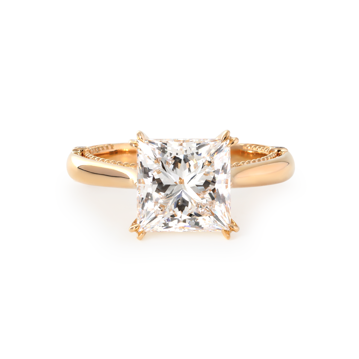 18K Yellow Gold 4ct Princess Cut Lab Diamond Double Claw Prongs Vintage Millegrain Ring – Art Nouveau Nature-Inspired Design