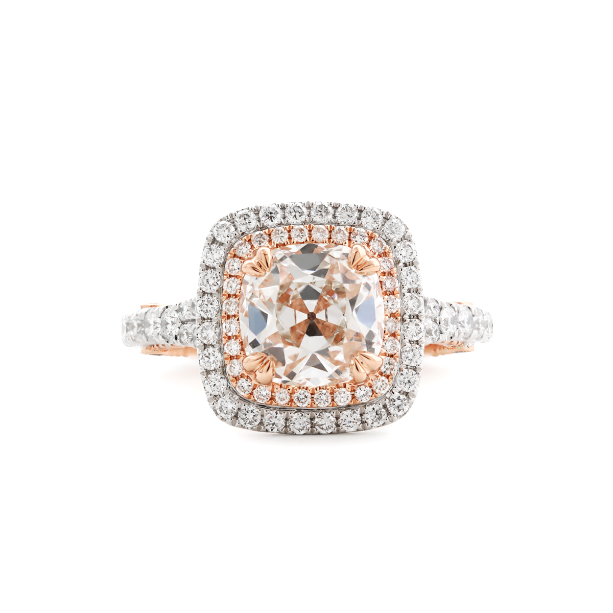 14K White and Rose Gold 2.5ct Old Mine Cut Lab Diamond Evelina Halo Edwardian Style Ring with Waverly Band and Millegrain Edging