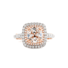 14K White and Rose Gold 2.5ct Old Mine Cut Lab Diamond Evelina Halo Edwardian Style Ring with Waverly Band and Millegrain Edging