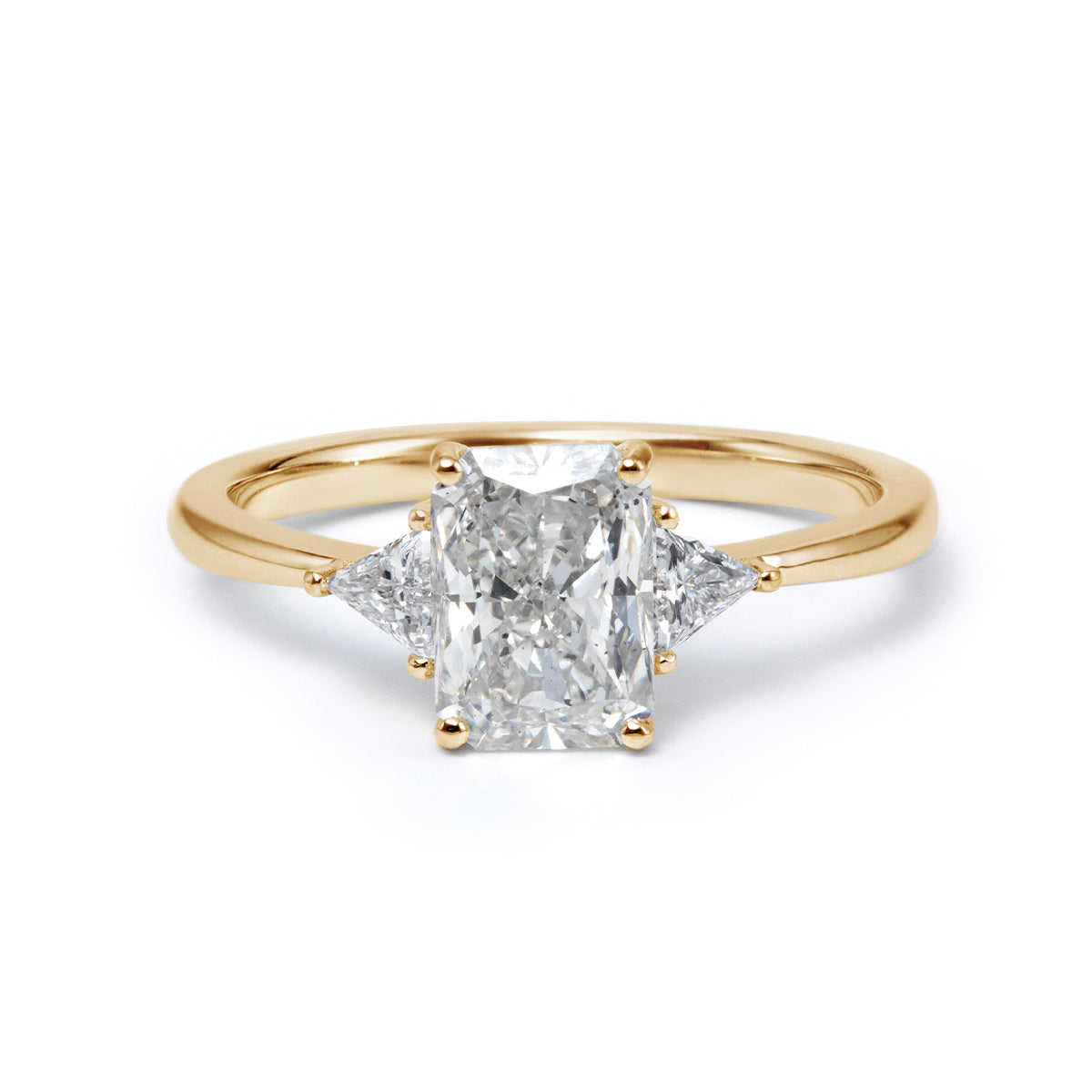 14K White Gold 1.5ct Radiant Cut Lab Diamond Three Stone Ring with Triangular Cut Lab Diamond Side Stones and Tapered Band Design