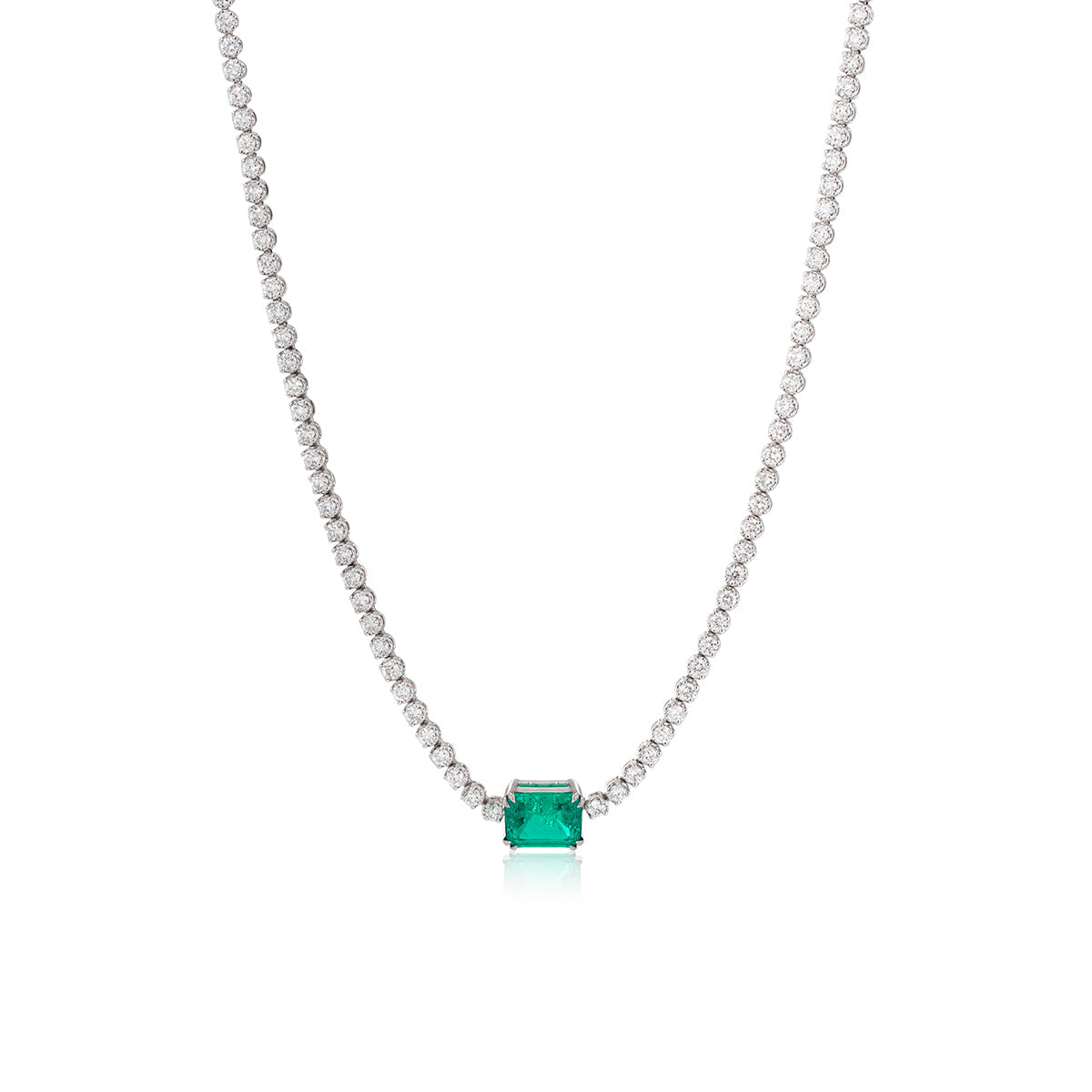 14K White Gold 1.8mm Round Lab Diamond Tennis Necklace with A 8*6mm Lab Emerald