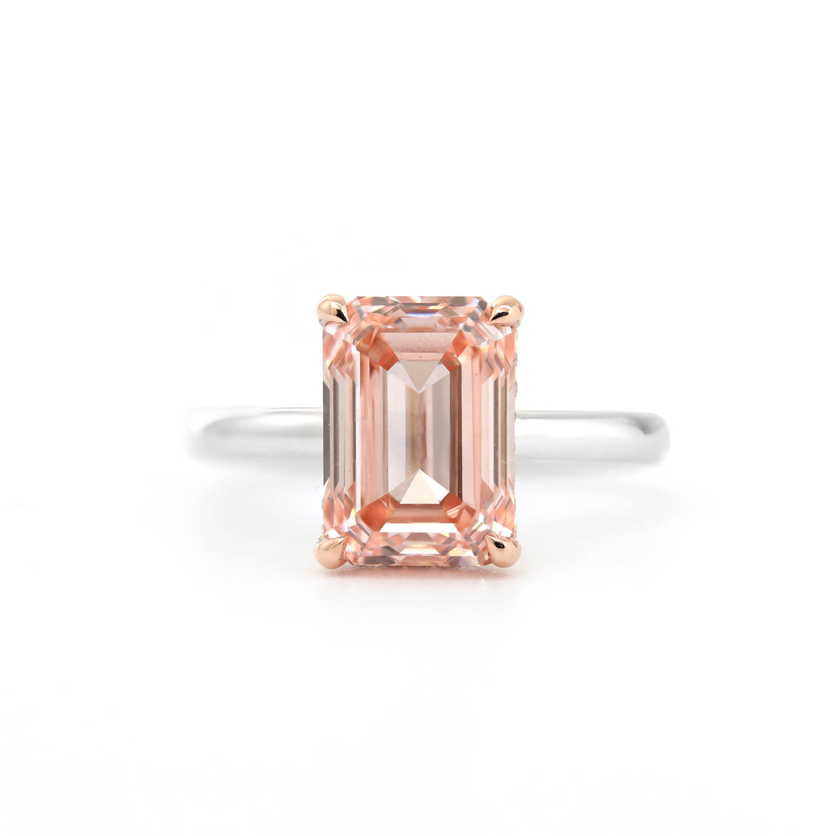 4.14ct Emerald Cut Lab Pink Diamond 4 Claw Prongs Setting Engagement Ring with Hidden Halo