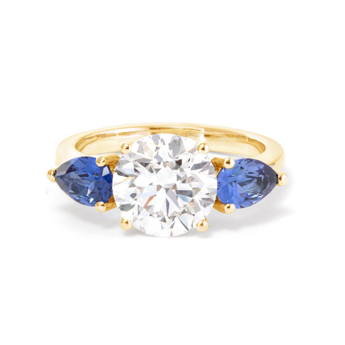 18K White Gold Round Lab Diamond Pear Sapphire Three Stone Ring 14K Yellow Gold