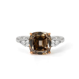 18K White Gold and Rose Gold 2.74ct Cushion Old Mine Cut Brown Lab Diamond Three-stone Prong Ring with Two Pear Cut Lab Diamonds
