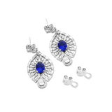 18K White Gold 7*5mm Oval Royal Blue Lab Sapphire and Lab Diamond Victorian Peacock Plume Chandelier Earrings