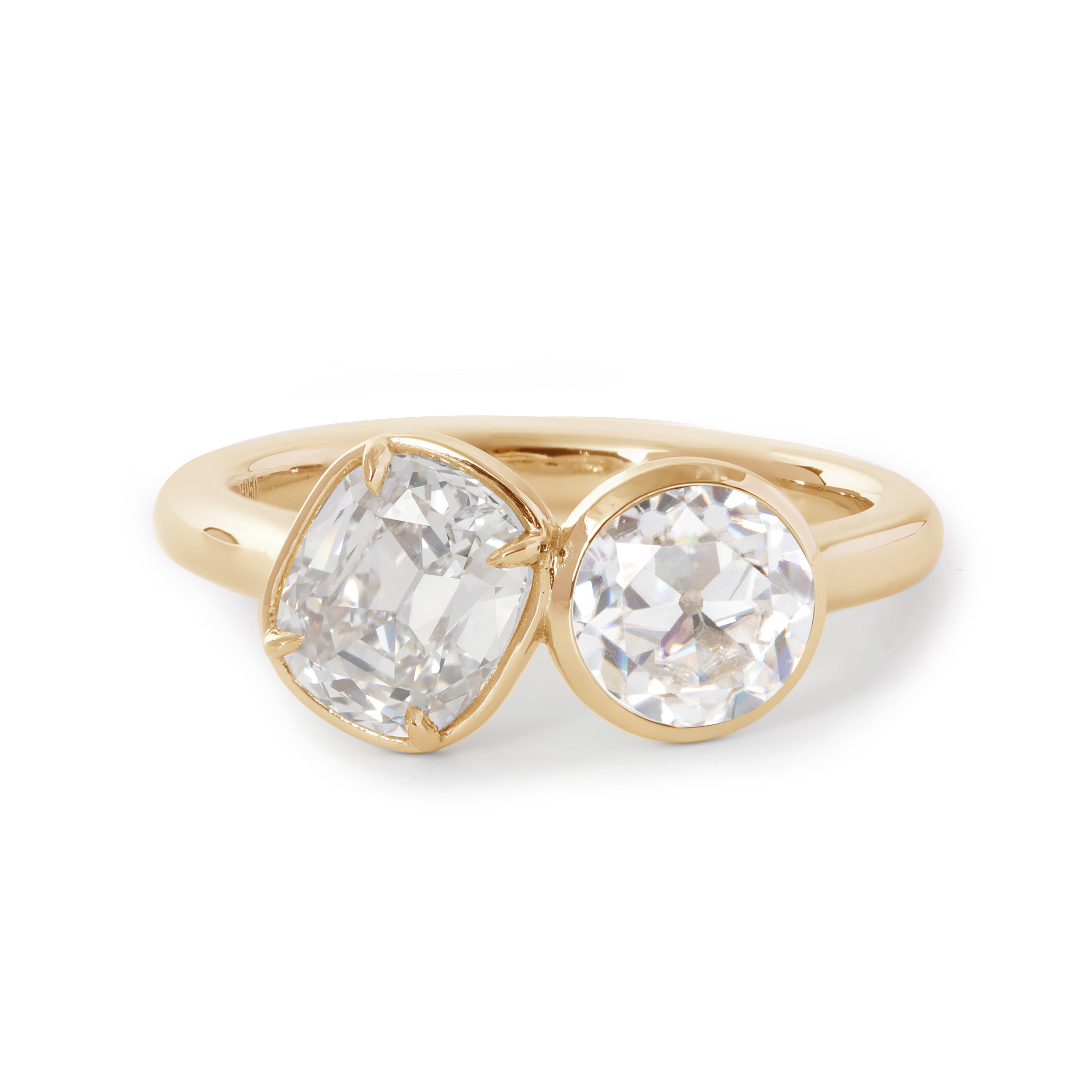 14K White Gold Old Mine Cut and Old Europen Cut Lab Diamond Toi et Moi Ring 14K Yellow Gold