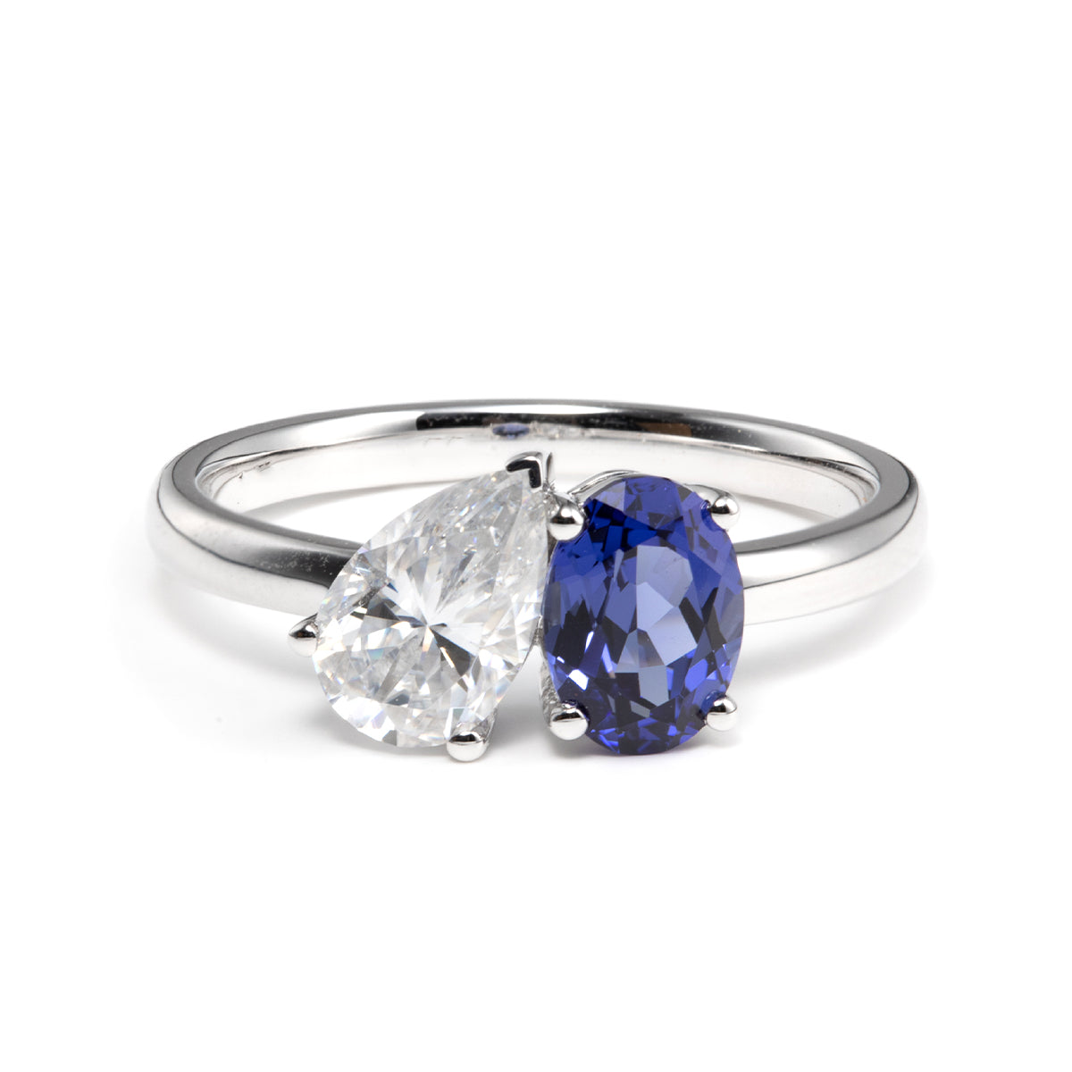 14K Yellow Gold Oval Cut Lab Sapphire and Pear Shaped Lab Diamond Toi et Moi Ring Platinum
