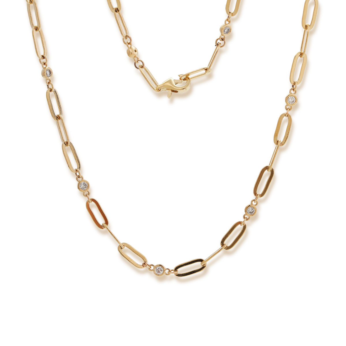 14K Yellow Gold Round Lab Diamond Cross Squashed Chain Station Necklace