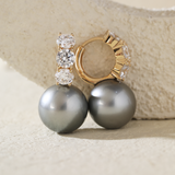 14K Yellow Gold 12mm Grey Fresh-water Pearl with Round Lab Diamond Side-stones Hoop Earrings