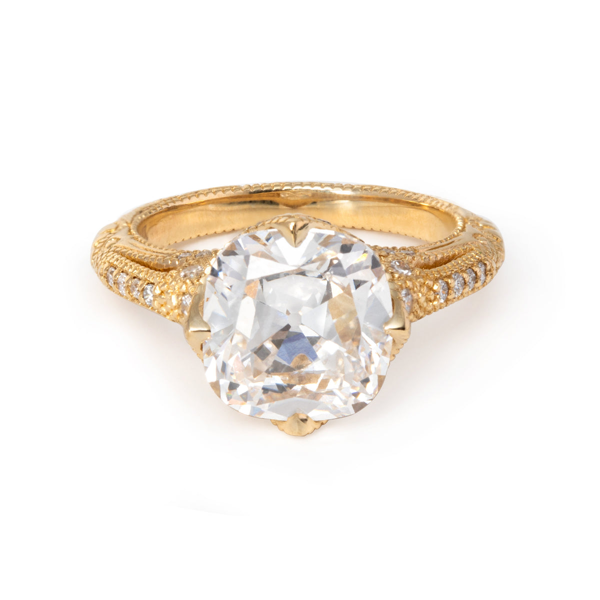 14K Yellow Gold 3ct Old Mine Cut Lab Diamond Crown Setting Diamond-milling Vintage Ring with Round Lab Diamond Side-stone