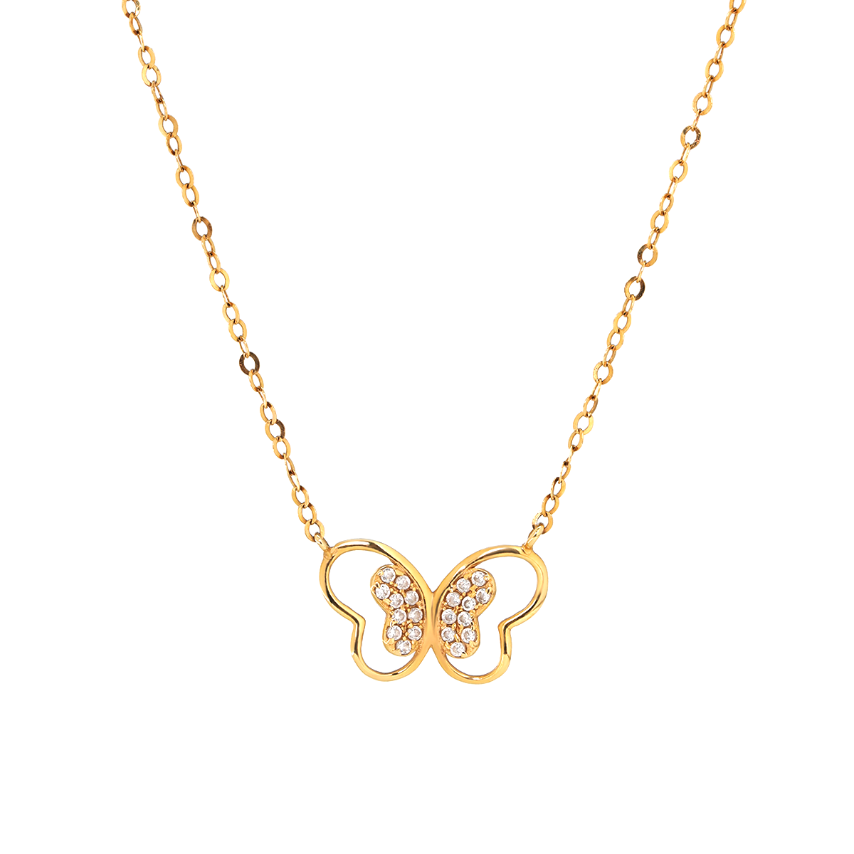 14K Yellow Gold Round Lab Diamond Pave Butterfly Pendant Necklace