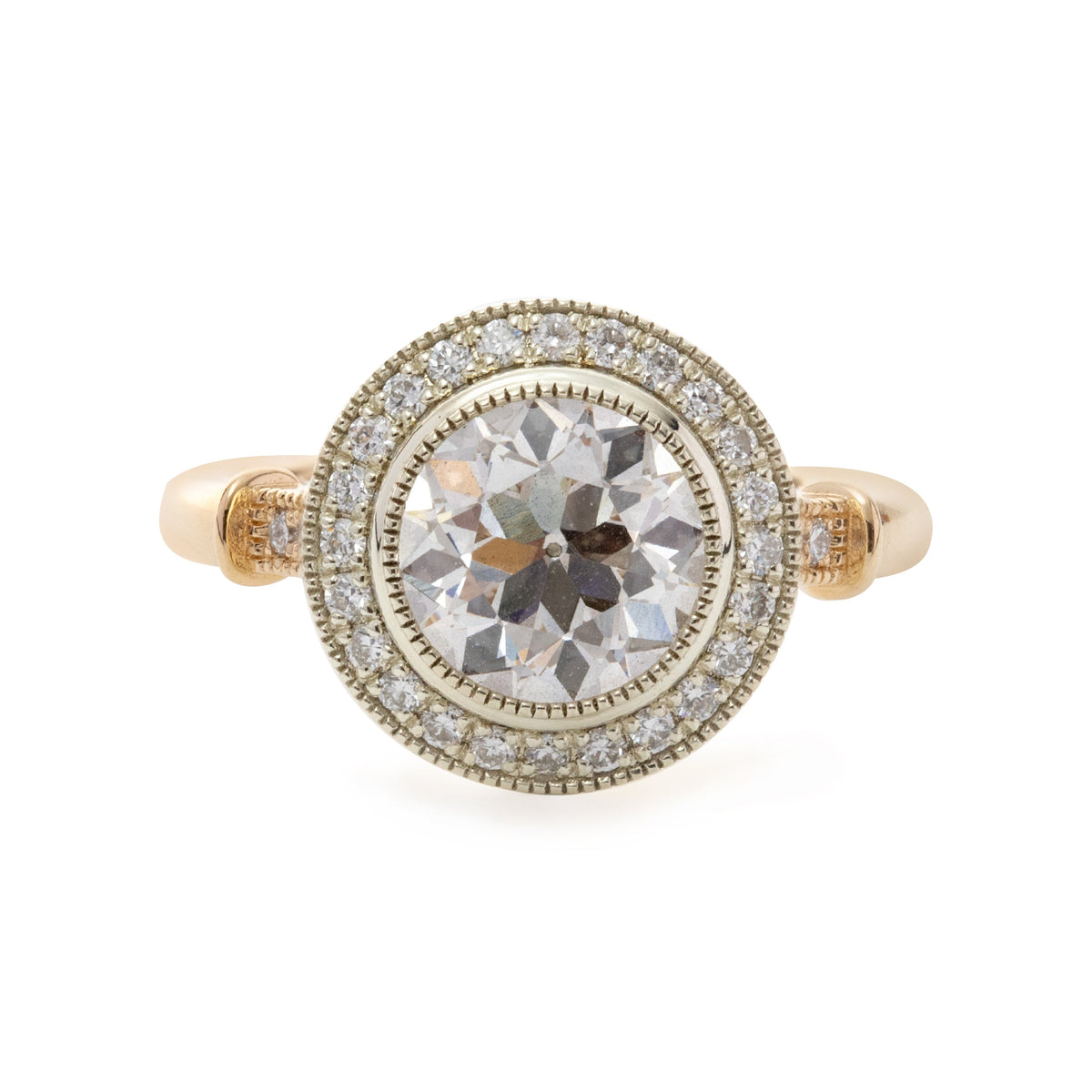 14K Yellow Gold 2ct Old European Cut Lab Diamond Miillegrain Vintage Ring with a 14K White Gold Round Diamond Halo