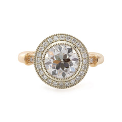 14K Yellow Gold 2ct Old European Cut Lab Diamond Miillegrain Vintage Ring with a 14K White Gold Round Diamond Halo