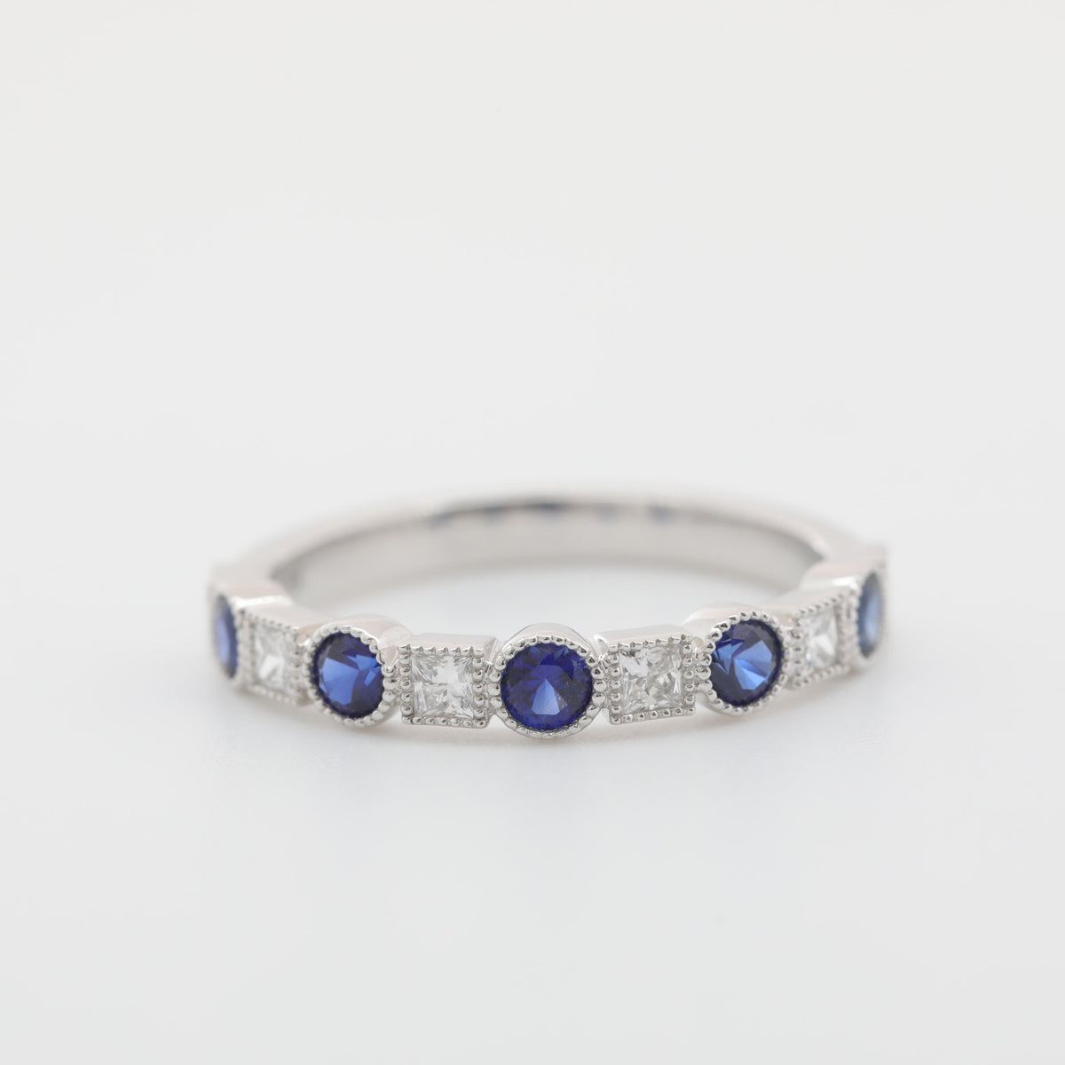 10K White Gold Round Lab Sapphire and Princess Cut Lab Diamond Half Eternity Ring